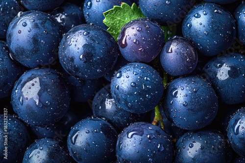 Fresh Organic Dark Purple Grapes with Dew Drops Top View