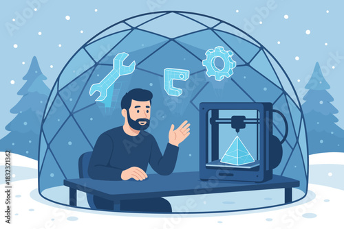 Man using 3D printer with holographic interface inside a geodesic dome in winter