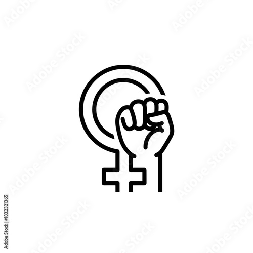 Feminist symbol with raised fist and female gender sign in minimalist style  