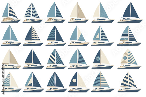 Stylized sailboat icon set with blue and white nautical designs