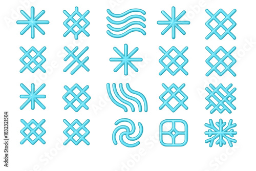 Glowing abstract icon set with waves, stars, and grid motifs