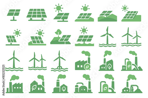 Green Energy & Power Plant Icons: Solar, Wind, and Eco-Friendly Industry Symbols