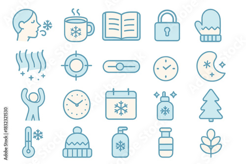 Winter Wellness & Comfort Icons: Snow, Hot Drinks, Skincare & Seasonal Elements