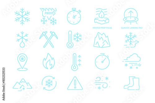 Neon Glacier & Winter Condition Icons: Cold Weather, Safety & Navigation Symbols