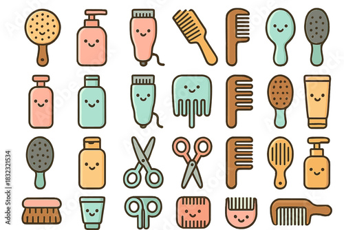 Cute Haircare Icons Pack: Brushes, Combs, Scissors & Bottles with Smiley Faces