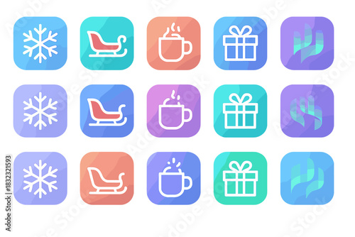 Winter Holiday Icons Set: Snowflakes, Sleighs, Hot Drinks, Gifts & Abstract Symbols