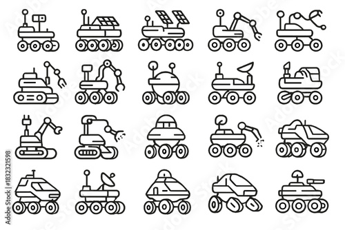 Futuristic Rover Icons Set: Exploration Robots, Space Vehicles & Mars Rovers
