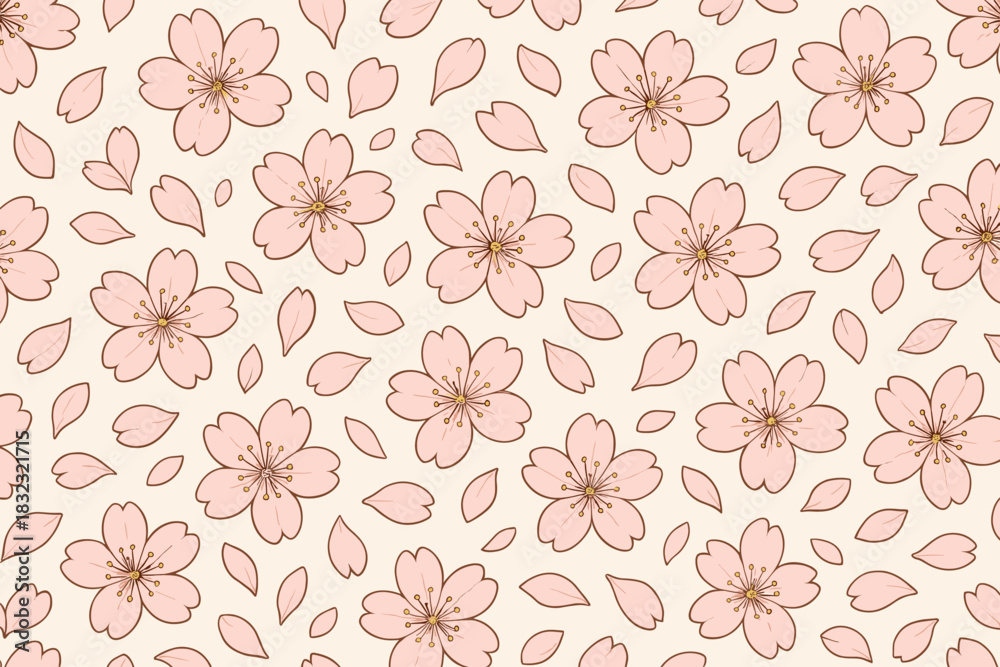 Fototapeta premium Seamless pattern of pink cherry blossoms and petals