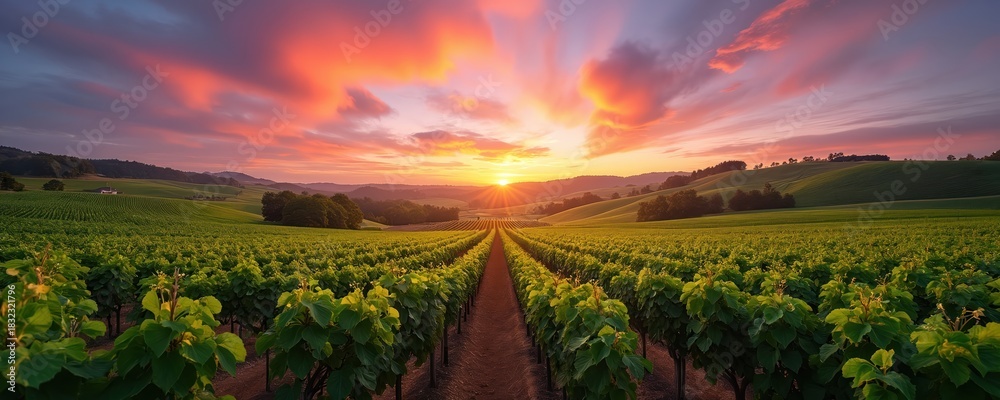Naklejka premium Vineyard rows stretch to horizon under dramatic sunset sky with bright orange clouds. Lush green grapevines grow on rolling hills. Peaceful rural landscape evokes calm.