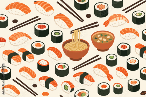 Seamless Japanese food pattern with sushi, ramen, and miso soup