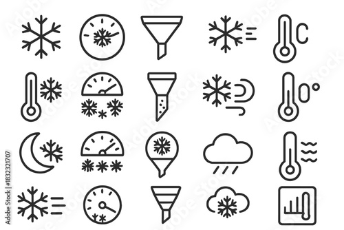 Set of black winter weather icons on dark background