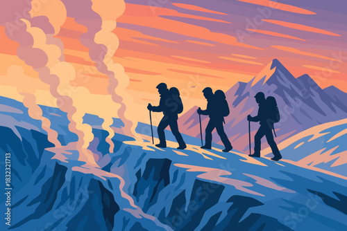Hikers trekking across a snowy volcanic ridge at sunrise