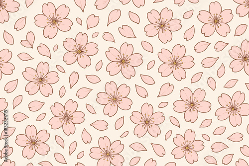 Seamless pattern of pink cherry blossoms and petals