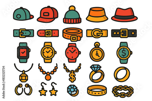 Set of colorful fashion accessories icons including hats and jewelry