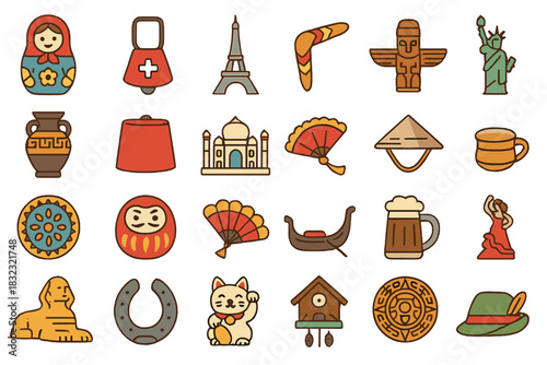 World culture icons featuring traditional symbols, monuments, and artifacts from around the globe