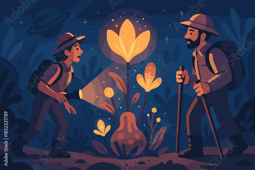 Explorers discover glowing alien plant in dark forest