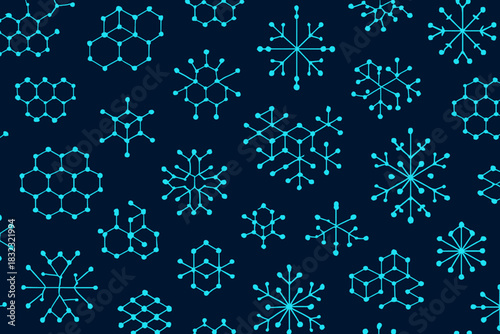 Seamless pattern of molecular and snowflake shapes in blue