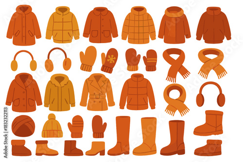 Winter clothing icon set with coats, boots, and accessories