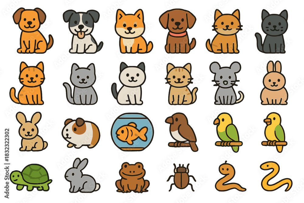 Obraz premium Cute cartoon pet icons including cats, dogs, birds, and reptiles