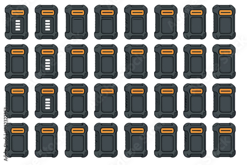 Set of rugged black and orange device icons in grid layout