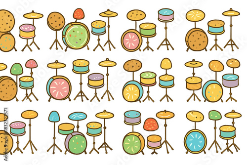 Seamless pattern of colorful cookie drum kits in playful style