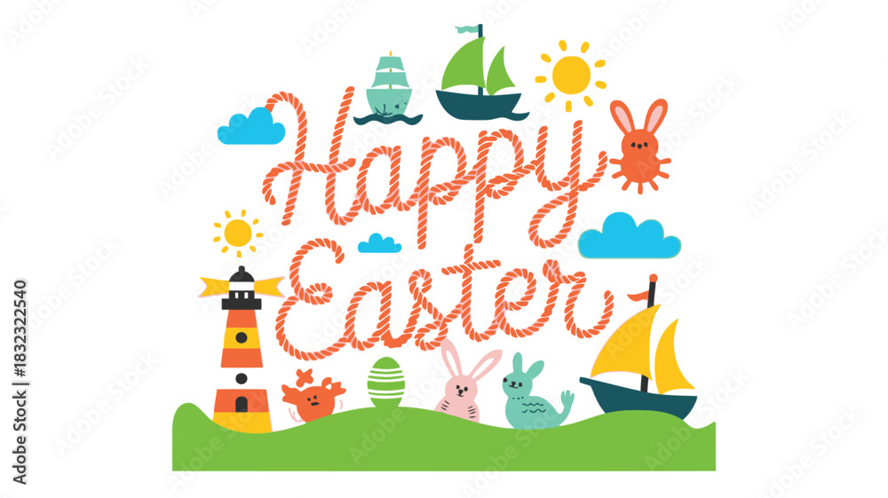 Fototapeta premium Easter holiday vector illustration with bunny, eggs, sailboat, and lighthouse, for greeting card or banner