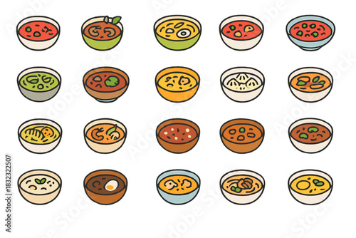 Assorted illustrated soup bowls on striped gradient background