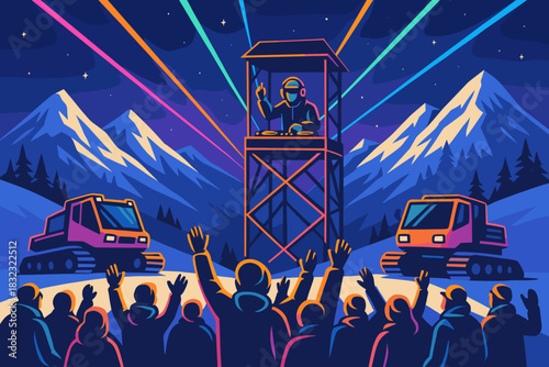 Snowy mountain DJ party with crowd and snow vehicles