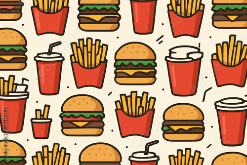 Cartoon fast food pattern with burgers, fries, and drinks