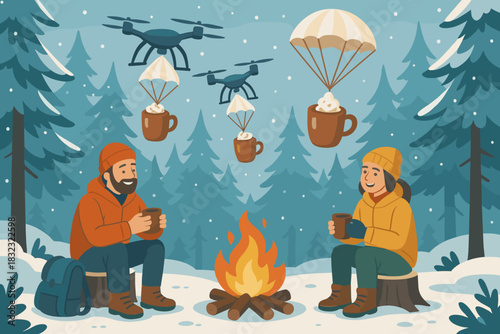Campers by fire receiving hot cocoa from drones in snowy forest