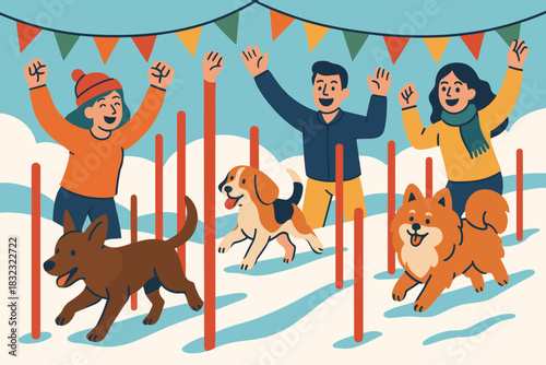 Excited dogs running agility course in snowy winter event
