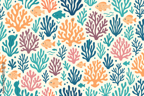 Seamless coral reef pattern with vibrant fish and sea plants