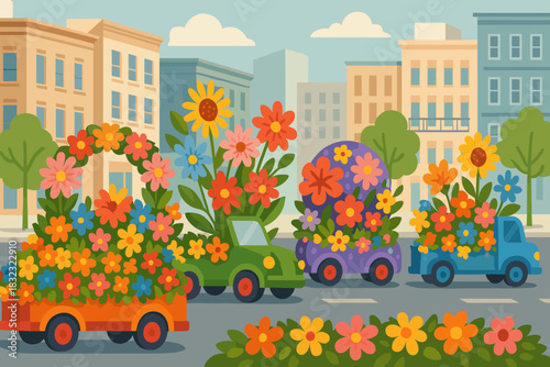 Colorful flower parade in city street illustration