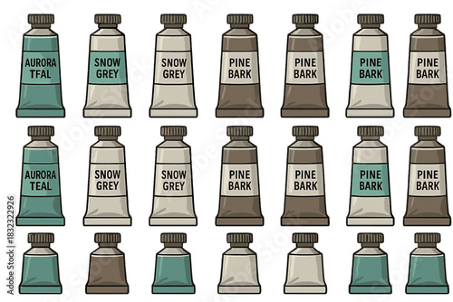 Set of labeled paint tubes in muted earth tone colors