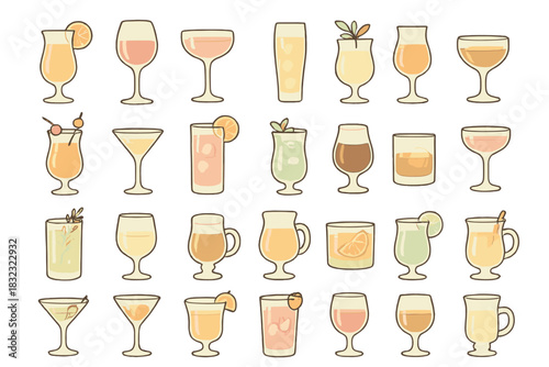 Set of hand-drawn cocktails and drinks in various glasses