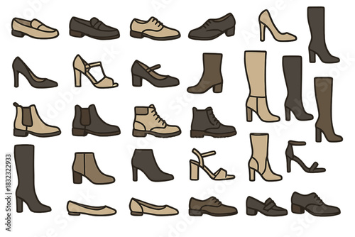 Set of fashion shoe icons in neutral color palette