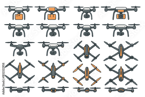 Set of illustrated drones in top and front view
