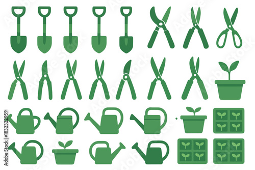 Green garden tool and seedling icons on gradient background