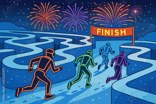 Neon runners racing through maze toward finish line