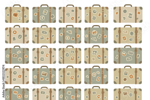 Seamless pattern of vintage suitcases with travel stickers