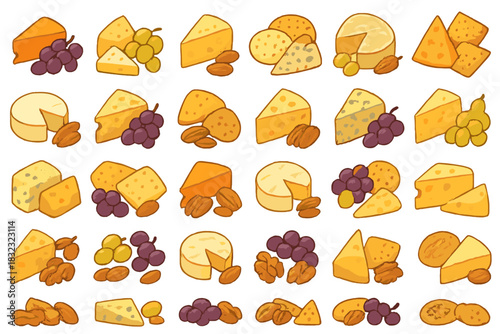 Seamless pattern of cheese wedges with grapes and crackers