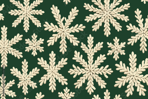 Embroidered snowflake pattern on green fabric background