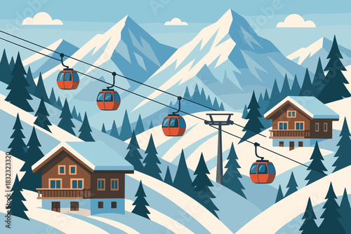 Snowy mountain ski resort with cable cars and cozy cabins