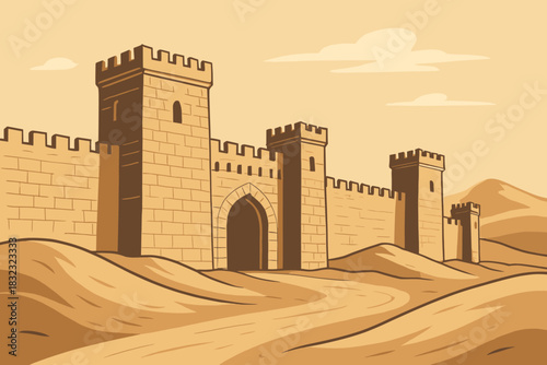 Medieval desert fortress with tall stone walls and watchtowers