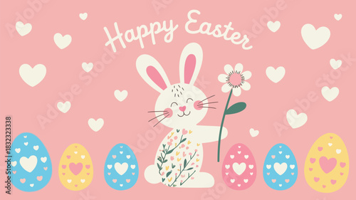 Cute cartoon bunny holding a flower with colorful easter eggs and hearts on a pink background
