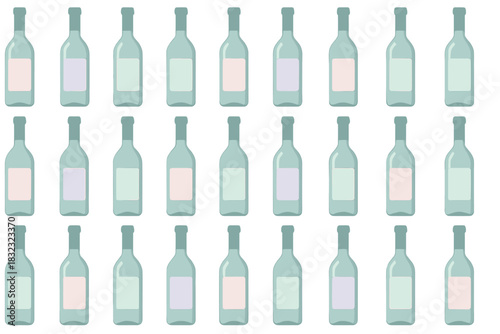 Seamless pattern of translucent wine bottles with pastel labels on a soft green background