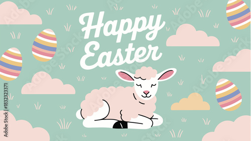 Cute cartoon lamb with striped easter eggs and fluffy clouds on a pastel green background
