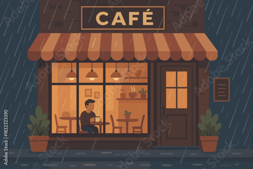 Man enjoying coffee inside cozy café on rainy evening