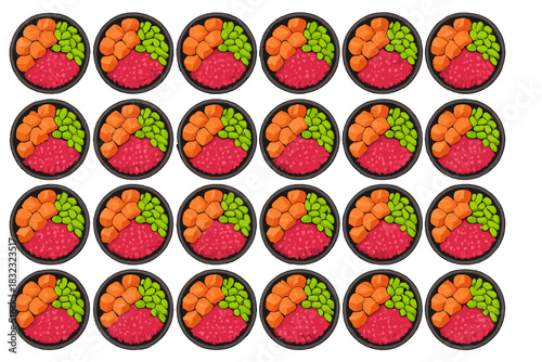 Seamless pattern of poke bowls with salmon, edamame and rice