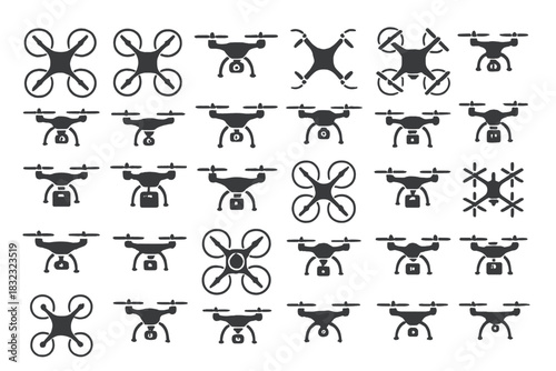 Set of dark drone and quadcopter icons on textured background